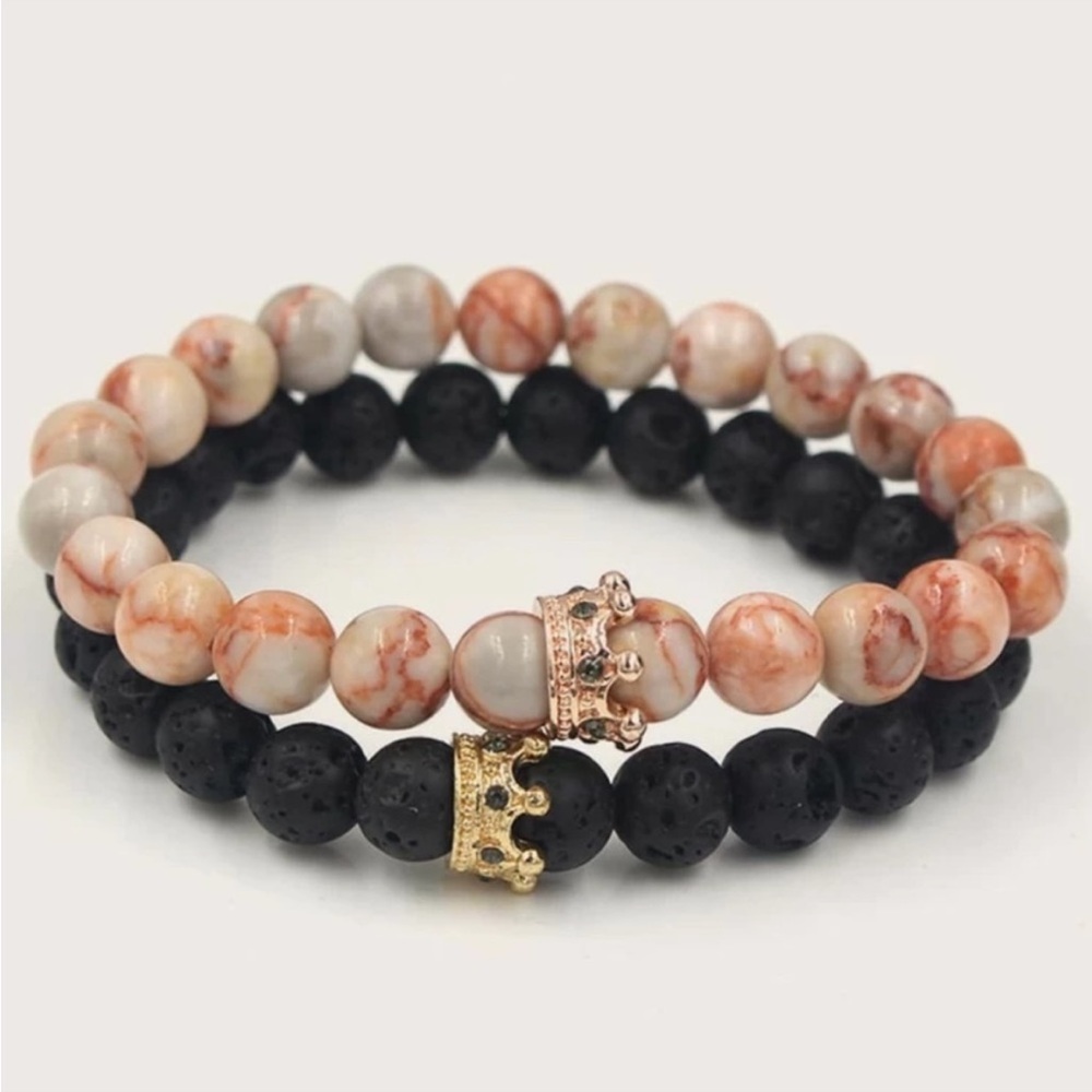 NEW•HIS & HERS BLACK LAVA & ROSE QUARTZ BRACELETS